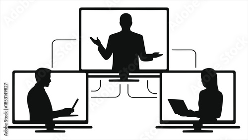Vector silhouette of online meeting and e-learning concept. Remote corporate training, virtual classroom, webinar, and distance education illustration with people on computer screens