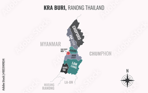 Map showing Kra Buri District Ranong Thailand divided into sub districts with minimalist colorful patterns