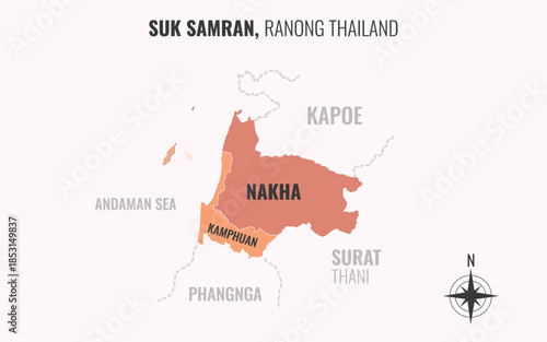 Map showing Suk Samran District Ranong Thailand divided into sub districts with minimalist colorful patterns