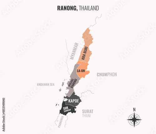A map showing Ranong Thailand divided into districts in a minimalist colorful style