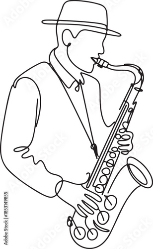 Continuous Line Art Illustration of a Jazz Musician Playing Saxophone in Organic Sketch Contour