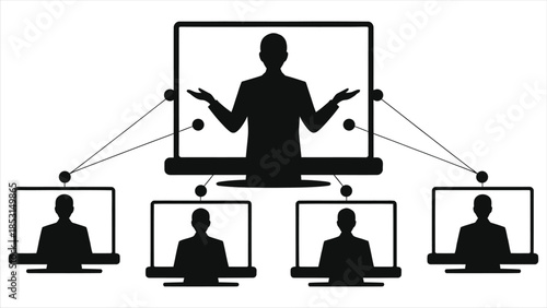 Remote corporate training e-learning vector illustration with online instructor and employees on video conference screens, virtual classroom webinar, distance education, business coaching for teams