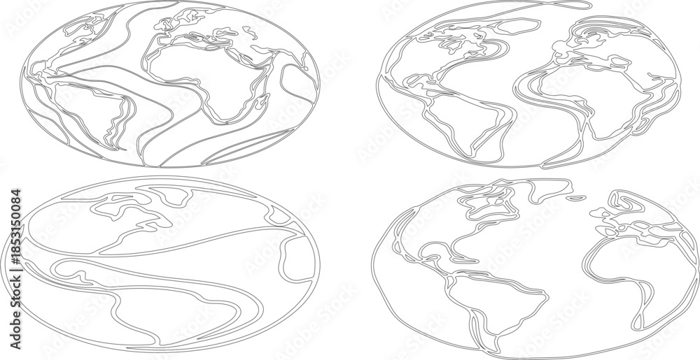 Fototapeta premium Set of earth globe vector illustration or sketch art silhouette of modern globe made by hand drawn geometric lines.
