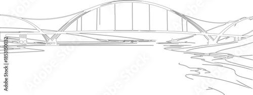 bridge over the river made by hand drawn geometric lines or silhouette of bridge with various geometric black lines.