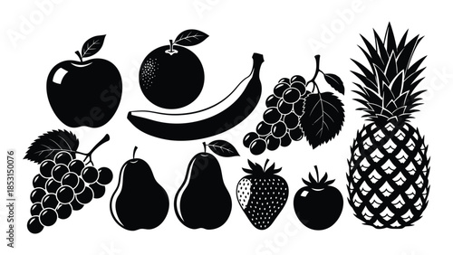 A collection of various fruits displayed in a striking black silhouette