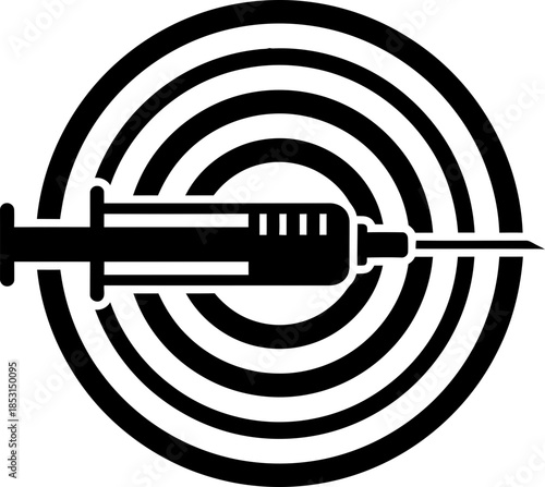 Syringe with target symbol. Injection target goal, vaccination concept. Medical prevention. Black and white minimal icon, vector illustration