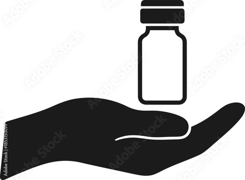 Hand holding a medicine bottle, vaccination campaign or medical care concept, simple vector icon for pharmacy, clinic or hospital design