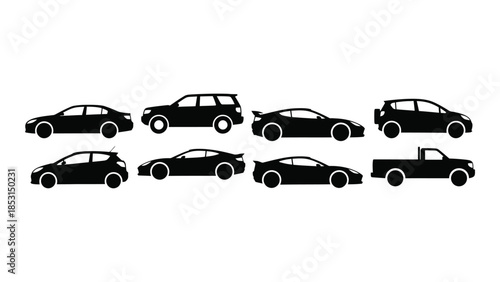 Various car models presented as black silhouettes in a simple arrangement