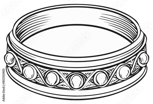 Elegant ornamental ring with intricate carved details and circular gemstone motifs