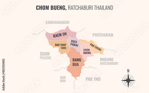 Map showing Chom Bueng District Ratchaburi Thailand divided into sub districts with minimalist colorful patterns