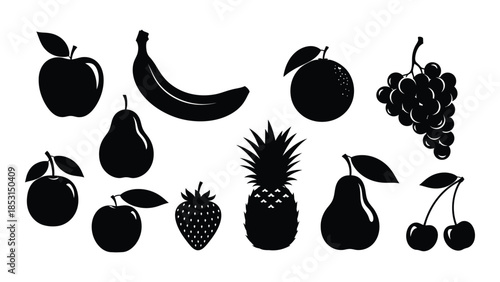 Collection of diverse fruit shapes presented in a striking black silhouette