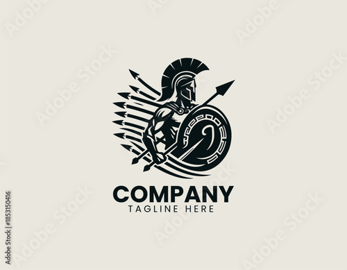 Greek spartan warrior character is illustrated as a disciplined heroic emblem in a strong black vector logo illustration