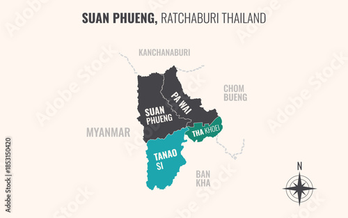 Map showing Suan Phueng District Ratchaburi Thailand divided into sub districts with minimalist colorful patterns