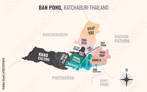 Map showing Ban Pong District Ratchaburi Thailand divided into sub districts with minimalist colorful patterns