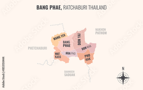 Map showing Bang Phae District Ratchaburi Thailand divided into sub districts with minimalist colorful patterns