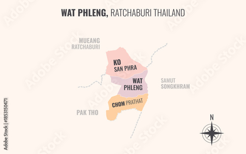 Map showing Wat Phleng District Ratchaburi Thailand divided into sub districts with minimalist colorful patterns