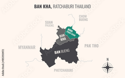 Map showing Ban Kha District Ratchaburi Thailand divided into sub districts with minimalist colorful patterns