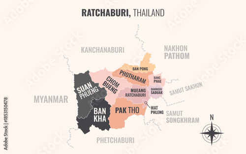 A map showing Ratchaburi Thailand divided into districts in a minimalist colorful style