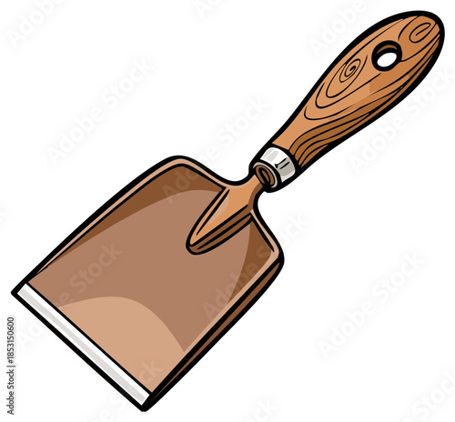 Traditional garden trowel tool with brown scoop and wooden handle illustration