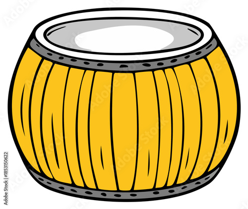 Cartoon illustration of a wooden barrel with yellow staves and metal hoops.