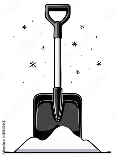A sturdy black snow shovel standing upright in a pile of snow with snowflakes falling around it