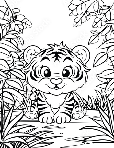 Close up baby tiger face in jungle leaves outline drawing vector illustration innocent creature art