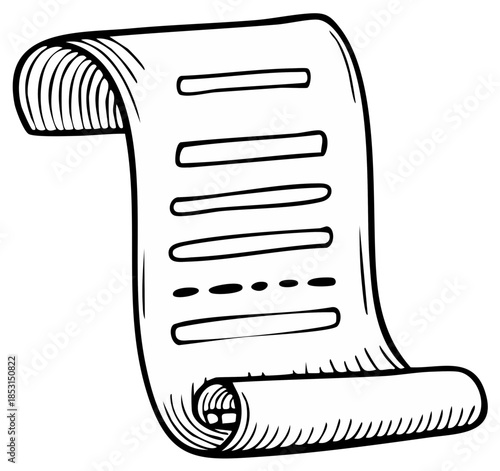 Vintage hand drawn scroll parchment illustration. Old historical manuscript or ancient decree line art.