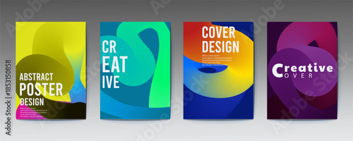 Four colorful abstract poster design templates on gray background