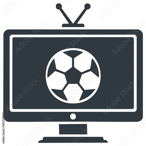 Icon of a vintage television displaying a soccer ball, representing sports broadcast and game viewing.