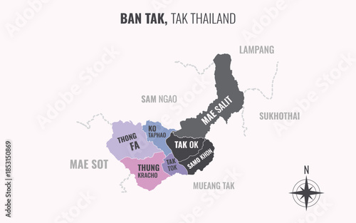 Map showing Ban Tak District Tak Thailand divided into sub districts with minimalist colorful patterns