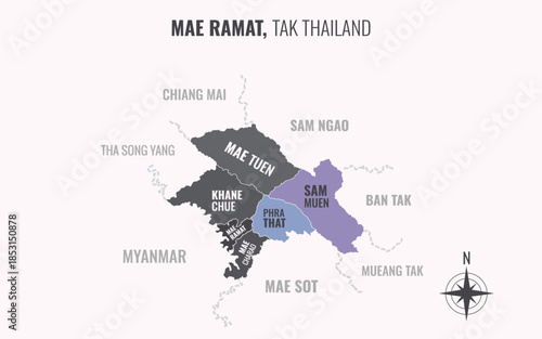 Map showing Mae Ramat District Tak Thailand divided into sub districts with minimalist colorful patterns