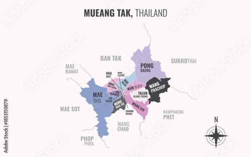 Map showing Mueang Tak District Tak Thailand divided into sub districts with minimalist colorful patterns