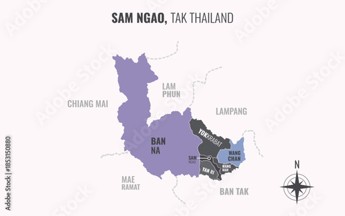 Map showing Sam Ngao District Tak Thailand divided into sub districts with minimalist colorful patterns