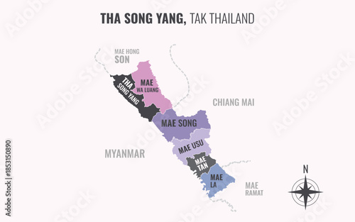 Map showing Tha Song Yang District Tak Thailand divided into sub districts with minimalist colorful patterns
