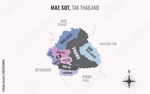 Map showing Mae Sot District Tak Thailand divided into sub districts with minimalist colorful patterns