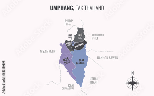 Map showing Umphang District Tak Thailand divided into sub districts with minimalist colorful patterns