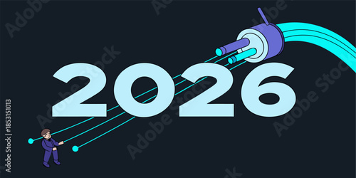 2026 New Year template with fiber optic cable, glowing strands symbolizing innovation, modernity, and a bright future ahead.