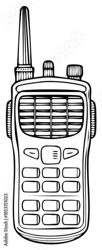 Illustration of a portable walkie talkie with antenna, buttons and speaker, hand drawn design.