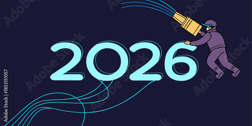 Creative New Year 2026 design template with fiber optic cables, glowing lights symbolizing technological progress and new beginnings.