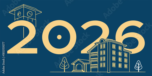 3D illustration for 2026 New Year, with abstract golden houses, symbolizing a prosperous future, fresh starts, and celebrations.