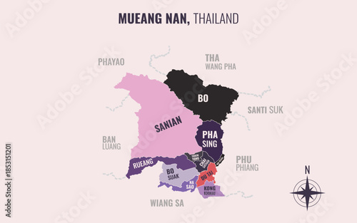 Map showing Mueang Nan District Nan Thailand divided into sub districts with minimalist colorful patterns