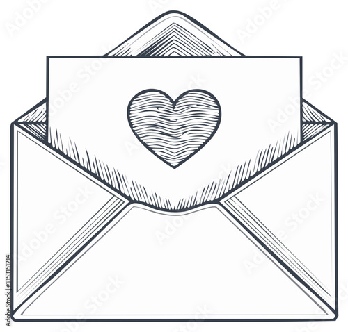 Vintage style envelope with heart shaped letter inside drawing