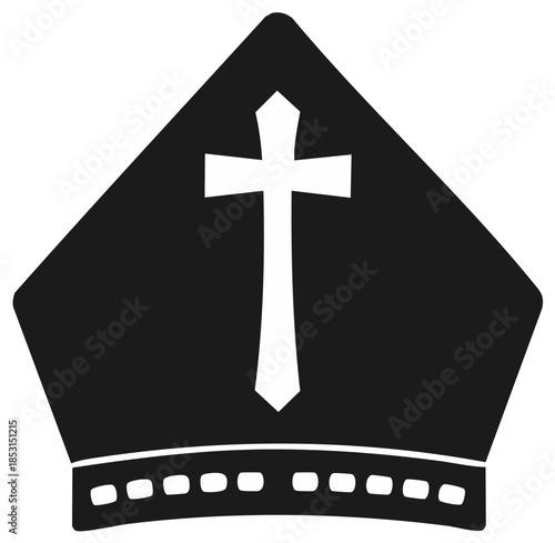 Black bishop mitre with white cross, religious symbol, Christianity emblem