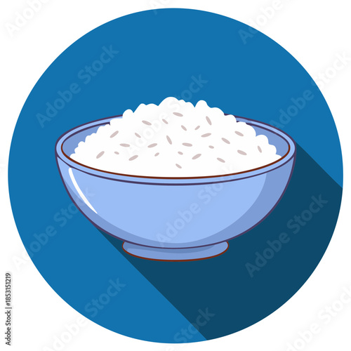Cartoon Rice Bowl Filled with White Rice in Blue Circle Backdrop Flat Design