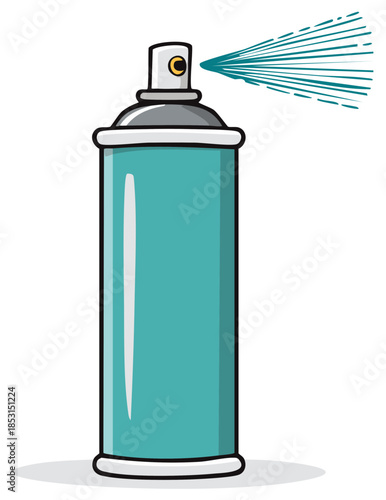 Simple cartoon illustration of a turquoise spray can actively dispensing fine mist