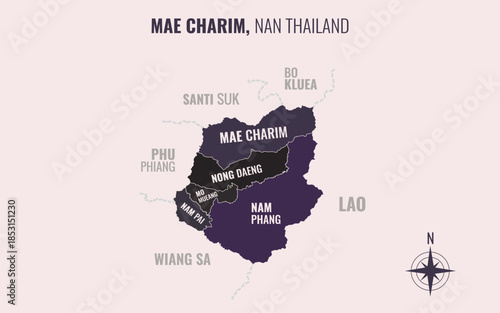 Map showing Mae Charim District Nan Thailand divided into sub districts with minimalist colorful patterns