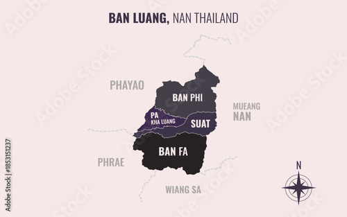 Map showing Ban Luang District Nan Thailand divided into sub districts with minimalist colorful patterns
