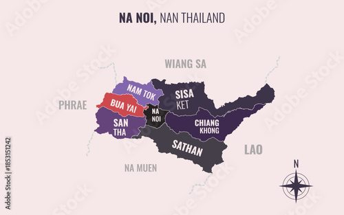 Map showing Na Noi District Nan Thailand divided into sub districts with minimalist colorful patterns