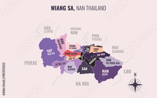 Map showing Wiang Sa District Nan Thailand divided into sub districts with minimalist colorful patterns