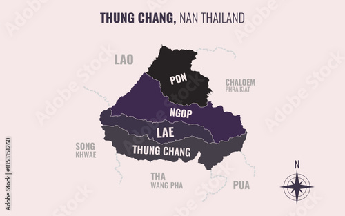 Map showing Thung Chang District Nan Thailand divided into sub districts with minimalist colorful patterns